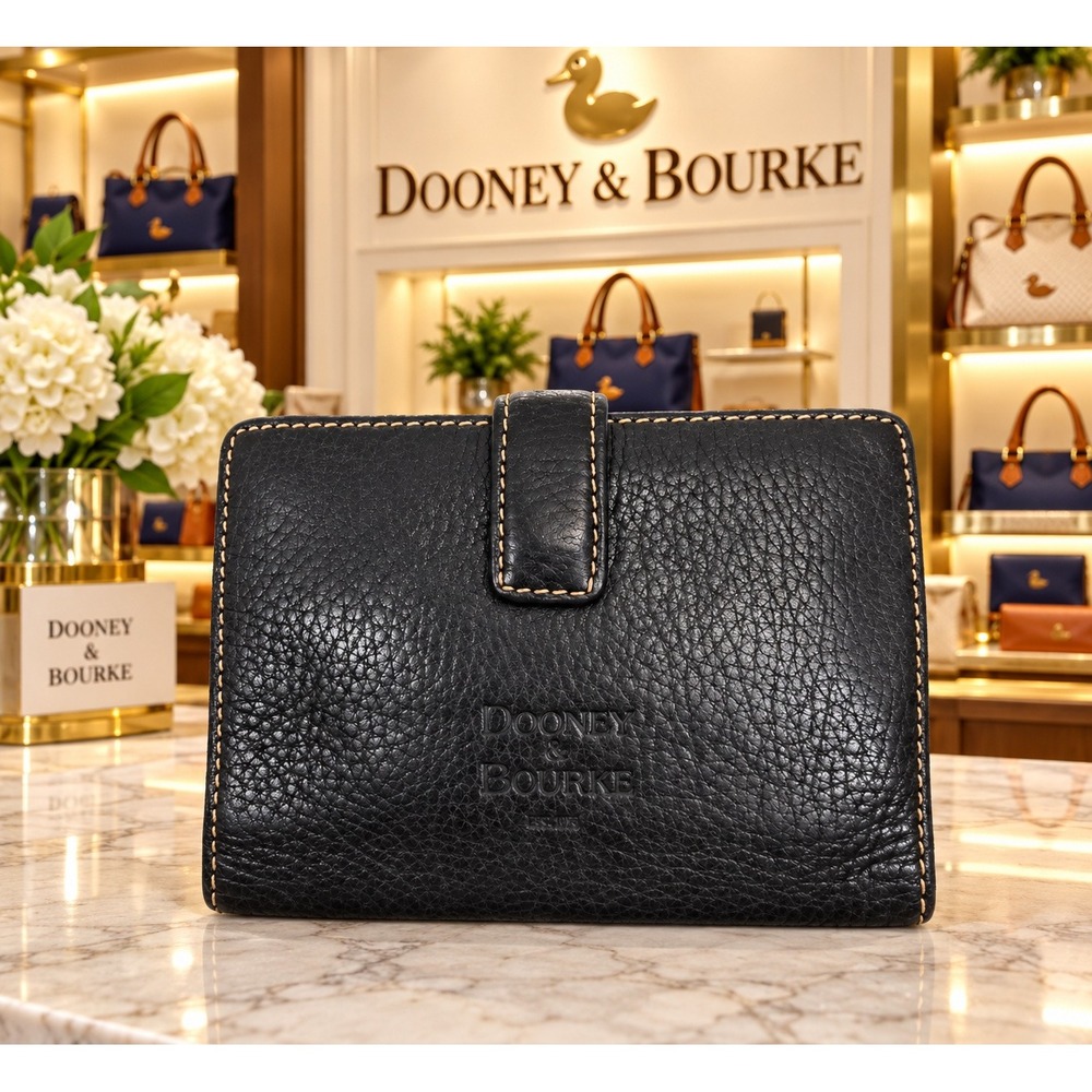 VINTAGE Dooney & Bourke Black Pebbled Leather Tab Snap Bifold Wallet ID Window
